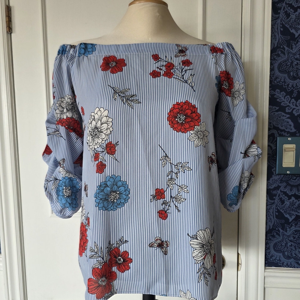 Dorothy Perkins Blue & Red Floral Print Bardot, Off the Shoulder Top - Sz 12